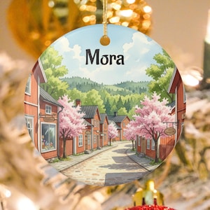 May include: A round ceramic ornament featuring a printed illustration of a street lined with red wooden buildings and blooming pink cherry blossom trees under a blue sky. The text "Mora" is printed in black at the top center of the ornament.