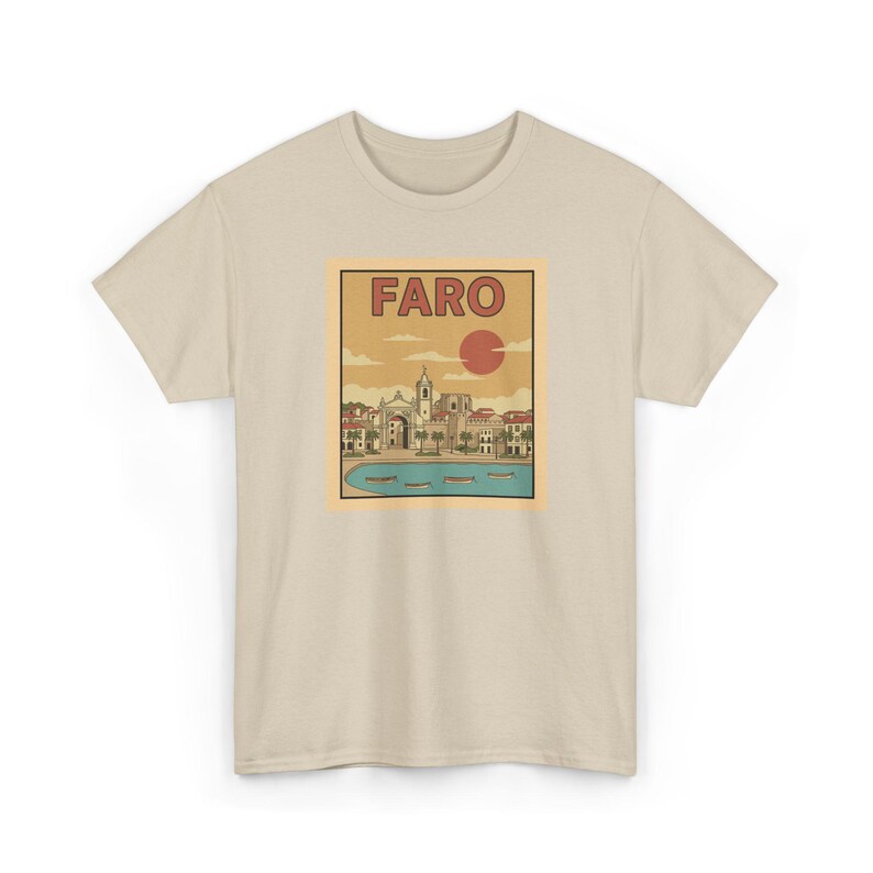 A 100 percent cotton t-shirt featuring a vintage travel poster illustration of Faro Portugal with the Arco da Vila.