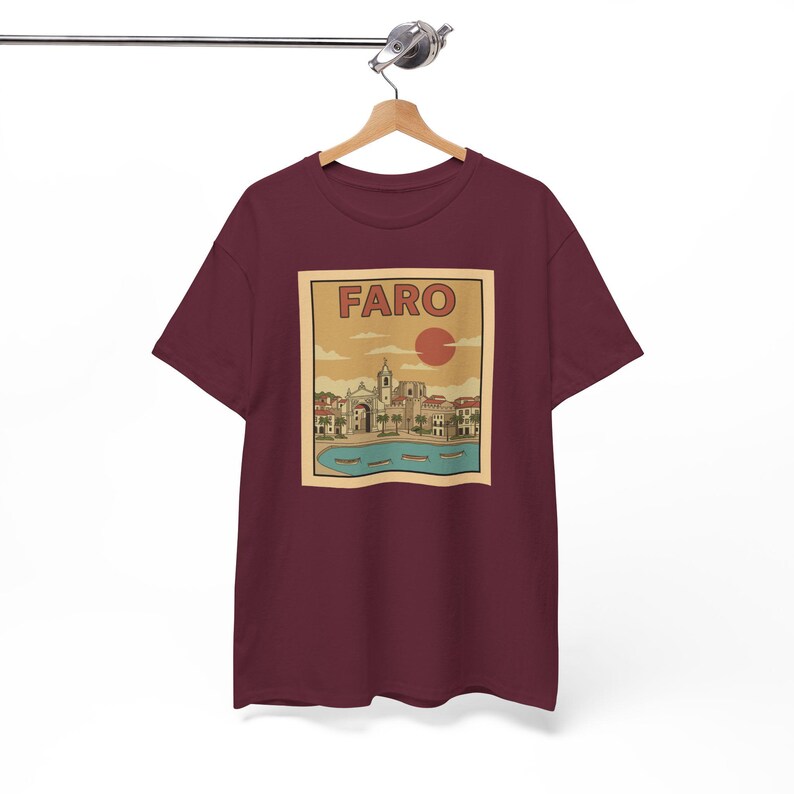 Artistic detail of a nostalgic tourism graphic tee showcasing the Ria Formosa lagoons in a vintage style.