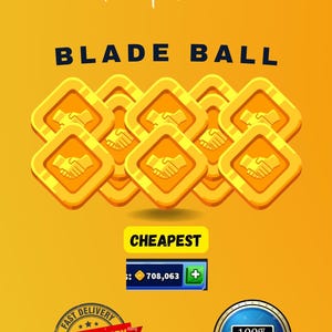Könnte beinhalten: Eine leuchtend gelbe Grafik mit dem Text "KM DIGITAL" und "BLADE BALL". Das Bild zeigt Goldmünzen mit einem Handschlag-Design, ein "CHEAPEST"-Banner und Siegel mit der Aufschrift "FAST DELIVERY" und "100% TRUSTED".