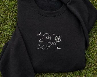 Embroidered Ghost Soccer Sweatshirt, Halloween Soccer Crewneck, Spooky Soccer Player Pullover