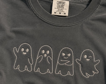 Embroidered Ghost Comfort Colors T-Shirt, Four Minimalist Halloween Moods for Spooky Season