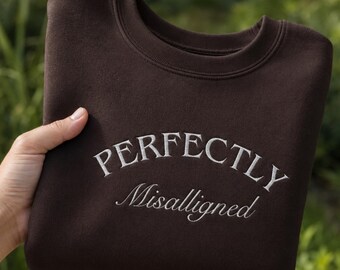 Perfectly Misaligned Embroidered Sweatshirt, Gothic Tone on Tone Crewneck, Dark Minimalist Pullover