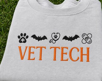 Embroidered Vet Tech Halloween Sweatshirt, Spooky Veterinary Technician Crewneck, Vet Assistant Gift