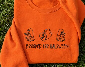Booked for Halloween Embroidered Sweatshirt, Ghost Reading Crewneck, Spooky Book Lover Gift