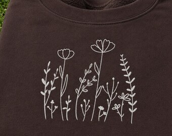 Wildflower Embroidered Sweatshirt, Minimalist Botanical Crewneck, Floral Line Art Pullover