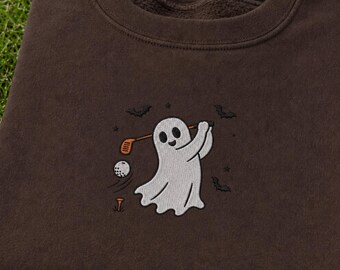 Embroidered Ghost Golf Sweatshirt, Halloween Golfer Crewneck, Spooky Golf Pullover