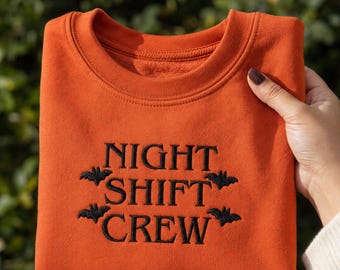 Embroidered Night Shift Crew Sweatshirt, Halloween Nurse Crewneck, Spooky Bat RN Gift