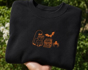 Embroidered Ghost Reading Sweatshirt, Halloween Book Lover Crewneck, Spooky Bookish Reader Pullover