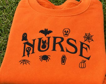 Embroidered Halloween Nurse Sweatshirt, Spooky RN Crewneck, Nursing Student Pullover
