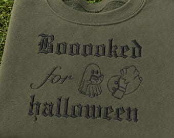 Booooked for Halloween Embroidered Sweatshirt, Ghost Reading Crewneck, Spooky Book Lover Pullover