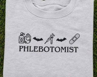 Halloween Phlebotomist Embroidered Sweatshirt, Spooky Phlebotomy Crewneck, Lab Tech Gift, Medical Worker Pullover