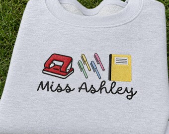 Personalized Teacher Embroidered Sweatshirt, Custom Name School Supplies Crewneck, Teacher Appreciation Gift