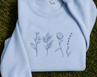 Embroidered Wildflower Sweatshirt, Minimalist Botanical Floral Crewneck