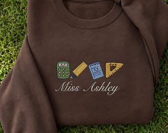 Personalized Teacher Embroidered Sweatshirt, Custom Name Crewneck, Classroom Icons Pullover