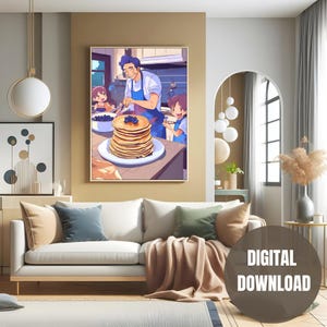 Lienzo nostálgico con desayuno para padre e hijos // Impresión de pared con arte de anime colorido