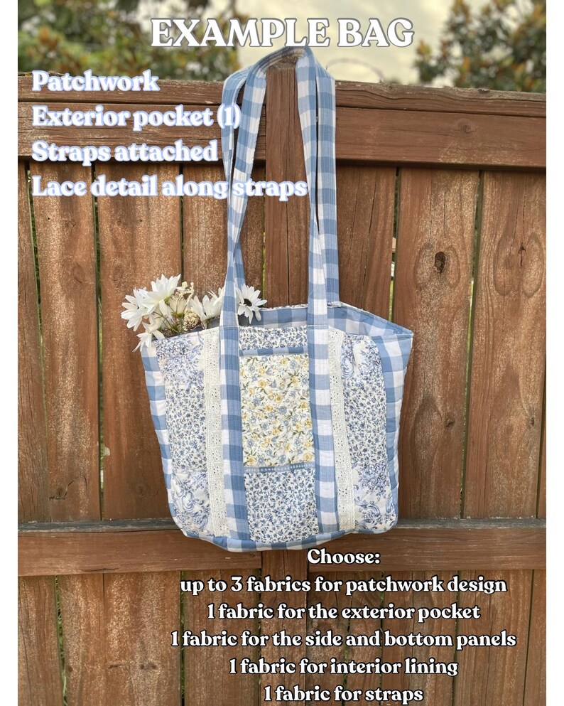 May include: A patchwork tote bag with blue and white gingham and floral patterns. Features include an exterior pocket, attached straps, and lace detail. The bag is filled with white flowers and has the text "EXAMPLE BAG".