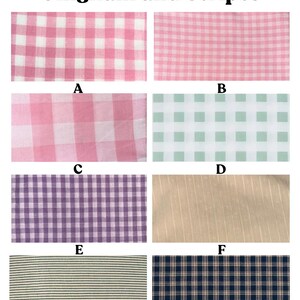 May include: A collection of fabric swatches featuring various gingham and striped patterns. The swatches include pink, light green, purple, and navy blue. The text "Gingham and Stripes" is at the top, with letters A through H labeling each swatch.