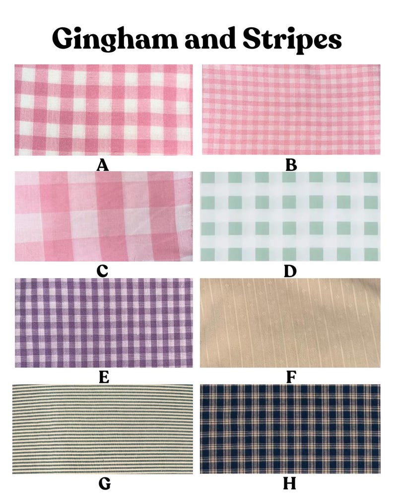 May include: A collection of fabric swatches featuring various gingham and striped patterns. The swatches include pink, light green, purple, and navy blue. The text "Gingham and Stripes" is at the top, with letters A through H labeling each swatch.
