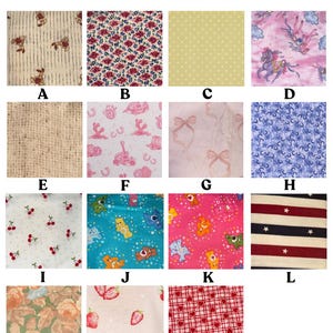 May include: A collection of fabric swatches with various patterns. Designs include teddy bears, floral prints, polka dots, unicorns, burlap, cowboy motifs, bows, crescent moons, cherries, bears, strawberries, hearts, and stars. The text "Misc Fabrics" is at the top.