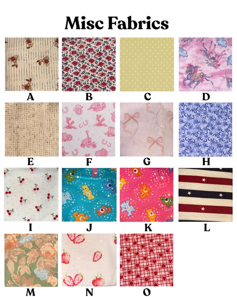 May include: A collection of fabric swatches with various patterns. Designs include teddy bears, floral prints, polka dots, unicorns, burlap, cowboy motifs, bows, crescent moons, cherries, bears, strawberries, hearts, and stars. The text "Misc Fabrics" is at the top.