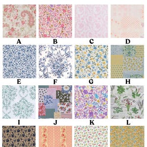May include: An image showcasing a variety of floral fabric swatches labeled A through P. The fabrics feature diverse patterns, including paisley, small and large floral prints, and patchwork designs. The color palette includes pinks, blues, yellows, and greens.