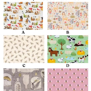 May include: Fabric swatches with animal and insect patterns. Designs include dogs, woodland creatures, bees, and farm animals. The fabrics are labeled A through F, showcasing various color palettes and illustrations.