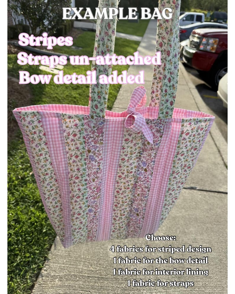 May include: A handmade tote bag with a floral and gingham pattern. The bag features pink stripes, unattached straps, and a bow detail. The text "EXAMPLE BAG" and other details are visible.