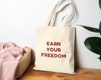 Earn Your Freedom Cotton Tote Bag | Patriotic 4th of July Gym Tote, Workout Bag, Red or Blue Print Canvas Tote, Freedom Fitness Gift