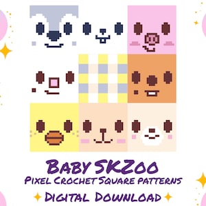 Può includere: Grafica scaricabile digitalmente con nove facce di animali pixelate in blocchi quadrati. L'immagine include uno scoiattolo, un coniglio, un maiale, un koala, un'anatra e un orso. Il testo in basso recita "Baby SKZoo Pixel Crochet Square Patterns Digital Download."
