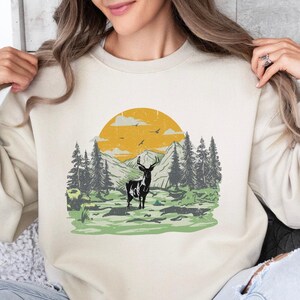 Retro Deer Wilderness Scene Sweatshirt - Nineties Vintage Buck And Doe Deer Outfit - Boho Unisex Crewneck Sweatshirt
