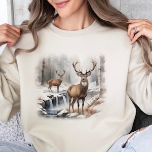 Retro Deer Wilderness Scene Sweatshirt - Nineties Vintage Buck And Doe Deer Outfit - Boho Unisex Crewneck Sweatshirt