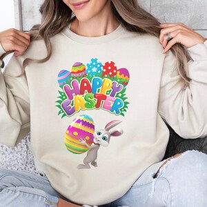 Vrolijk Pasen-sweater, paasshirt dames, konijnensweater, sweatshirt konijn, grappige paastrui, paascadeau, leuk paasshirt
