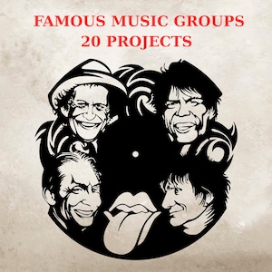 Puede incluir: Gráfico en blanco y negro de cuatro rostros de músicos dispuestos en círculo, con un logotipo de lengua en la parte inferior. El texto rojo en la parte superior dice "FAMOUS MUSIC GROUPS 20 PROJECTS".
