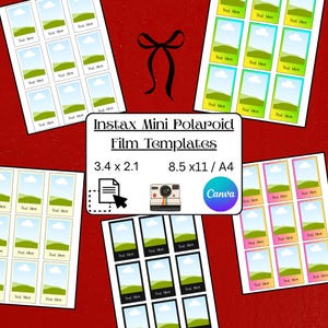 May include: A red background with multiple sheets of Instax Mini Polaroid film templates. Each template features a landscape scene with a blue sky and green hills, with the text "Text Here". The templates are 3.4 x 2.1 inches.