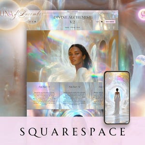 May include: A digital mockup of a website and a smartphone displaying the same design. The website features a portrait of a woman and the text "DIVINE ALCHEMIST V.2" and "LUNA of December". The smartphone shows a woman in a white dress.