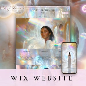 May include: A website design featuring the text "LUNA of December" and "DIVINE ALCHEMIST V.2". The design includes a portrait of a woman and a smartphone displaying a similar image. The bottom of the image reads "WIX WEBSITE".
