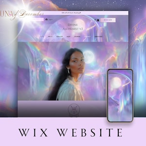 May include: A Wix website design concept with a celestial theme. The design features a woman's portrait, a smartphone displaying the website, and the text "WIX WEBSITE". The color palette includes shades of purple, blue, and white.