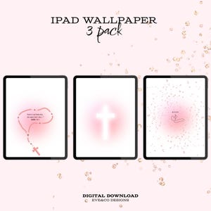 May include: Three iPad wallpapers with religious designs. One shows a rosary with text, another a glowing cross, and the third has the word "Believe" with a heart. The text "IPAD WALLPAPER 3 pack" is at the top.