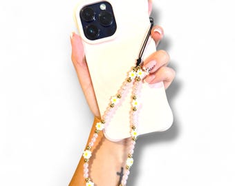Handmade Personalised Custom Beaded Daisy Phone Charm - Name Phone Strap Wristlet - Cute Aesthetic Flower Chain For iPhone - Handmade Gift