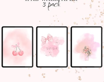 Pink Aesthetic iPad Wallpaper Pack | 3 Girly Digital Backgrounds | Cherry, Bow & Floral Cross Tablet Wallpaper | Cute Pastel Set