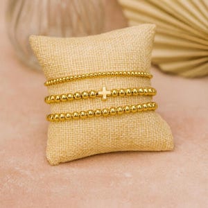 Gold Beaded Cross Bracelet Stack – 18k Gold Filled Stretch Bracelets – Dainty Cross Charm – Stackable Elegant Jewelry Set