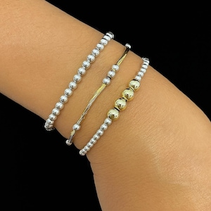 Mixed Metal Beaded Bracelet Stack: Silver & Gold Stretch Jewelry