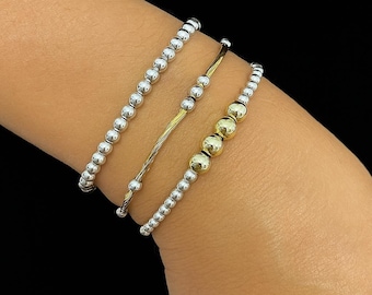 Mixed Metal Perlen Armband Stapel: Silber & Gold Stretch Schmuck