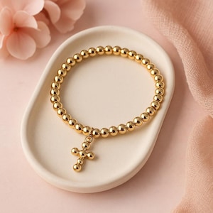Gold Beaded Stretch Bracelet with Cross Charm – Minimalist Gold Ball Bead Bracelet for Women – Dainty Religious Christian Jewelry Gift