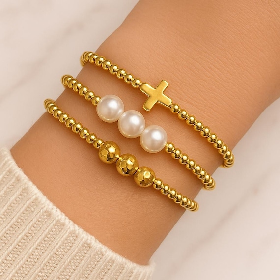 18Kゴールドフィルドブレスレット3点セット | パールアクセント 