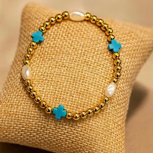18K Gold Filled Cross Beaded Bracelet – Stretch Bracelet with Pearls & Colorful Cross Charms, Faith Bracelet, Dainty, Minimalist Bracelet