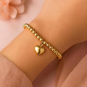 Pulsera de cuentas de oro con dije de corazón, joyería apilable de oro laminado de 18k
