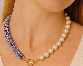 Pearl & Blue Beaded Necklace: Gold Toggle Clasp, Handmade Choker