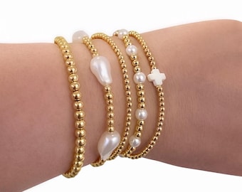 Gold Beaded Bracelet Stack with Pearls & Cross – Elegant Everyday Layered Bracelets